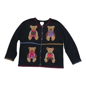 Vintage Susan Bristol Hand Embroidered Teddy Bear Cardigan Sweater Size XL